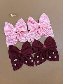 4pcs Red + Light Pink Pearl Bow Hair Clips, Sweet Style Hair Accessories For Daily Wear - Multicolor - View 6