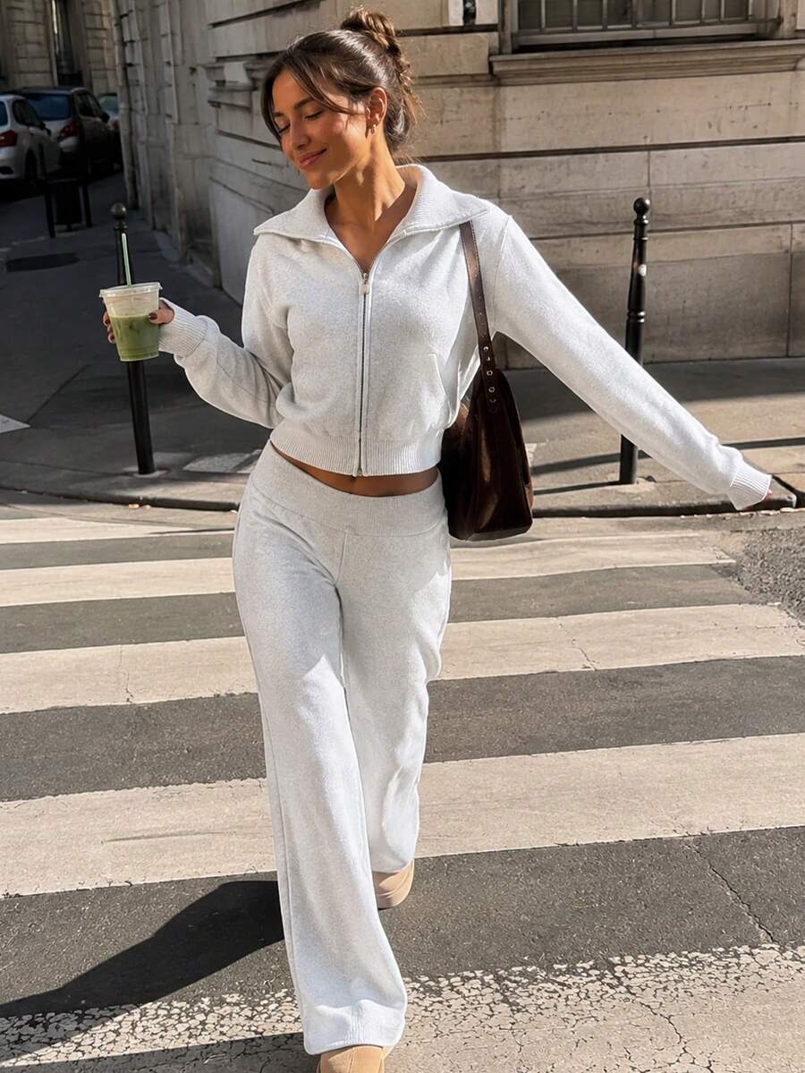 Two Pieces Set Women Fall Zipper Tops Short Coat Bell-Bottoms Pants Sets Gray 2 Pieces Casual Autumn Outfits Loungewear Tracksuit Trousers Set Two Pieces - Grey - View 1