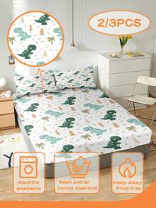 2/3PCSCartoon Dinosaur Fitted Sheet Green Dinosaur Palm Tree Print Bedding Set For All Seasons Twin/Full/Queen 100% Polyester Machine Washable - Multicolor - View 4