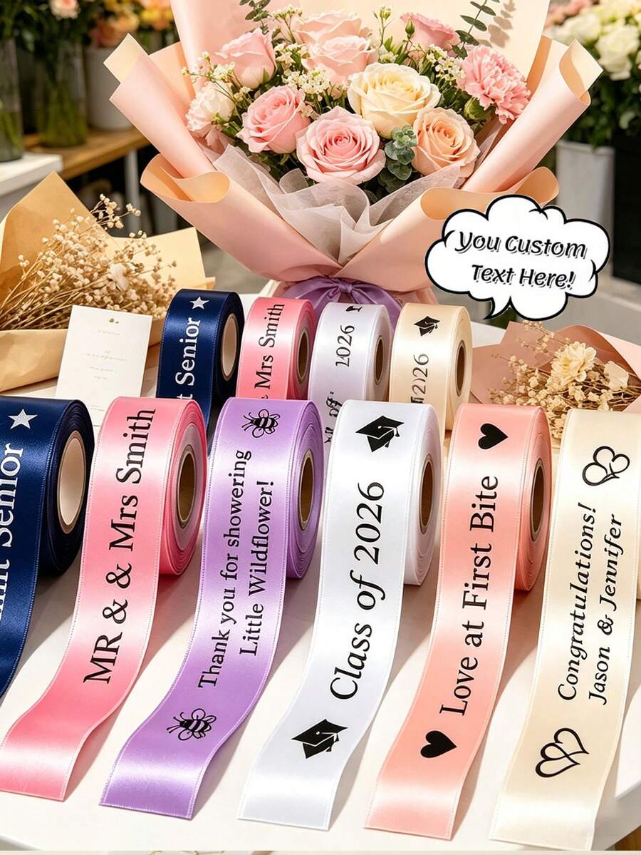 Customized Satin Ribbon, 25mm Personalized DIY Ribbon, Gift Packaging, Birthday, Wedding, Anniversary, Woven Ribbon Bow Decoration Gift, School Supplies, Back To School Season - Multicolor - View 1