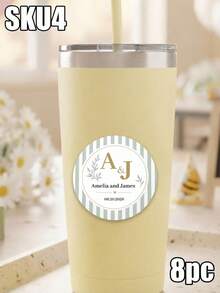 8/20/40pc Personalized Custom Monogram Wedding Stickers, Custom Names Date Round Sealing Labels, Green Stripe Floral Pattern, Wedding Favor Souvenir Gift, For Bride Groom Wedding Guests, Envelope Cup Gift Box Matchbox, Wedding Party Decor Stickers - Multicolor - View 8