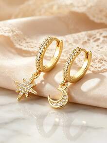 1 par de pendientes de aro doble con estrella y luna de plata de ley S925 con circonita cúbica sintética incrustada, joyería elegante y exquisita para uso diario de mujer, regalo para un ser querido - Amarillo Oro - Ver 5