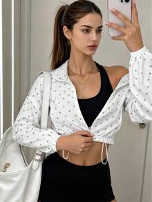 Women's Star Print Stand Collar Cropped Sports Jacket, Y2K American Casual Sporty Hot Girl Style, Suitable For Casual Sports, Streetwear, All Seasons - White - View 7