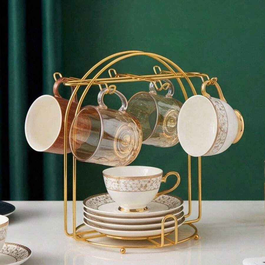 Minimalist Coffee Cup Rack, Foldable Cup & Saucer Iron Storage Rack, Suitable For Coffee Cups, Cup & Saucers, Mugs, Espresso Cups And More - Multicolor - View 1