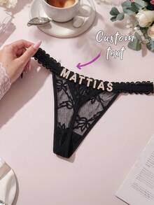 Customized Name Letter Pendant Lace Thong Panties, Personalized Sparkling Rhinestone Sexy Lingerie, Creative Gift For Women's Birthday, Anniversary, Valentine's Day - Black - View 4