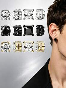 Set 6 Pasang Anting Jepit Magnetik Stainless Steel 304, Anting Tanpa Tindik dengan Batu Zirkonia Kubik Sintetis, Gaya Punk Unisex - set 6 pasang - View 1