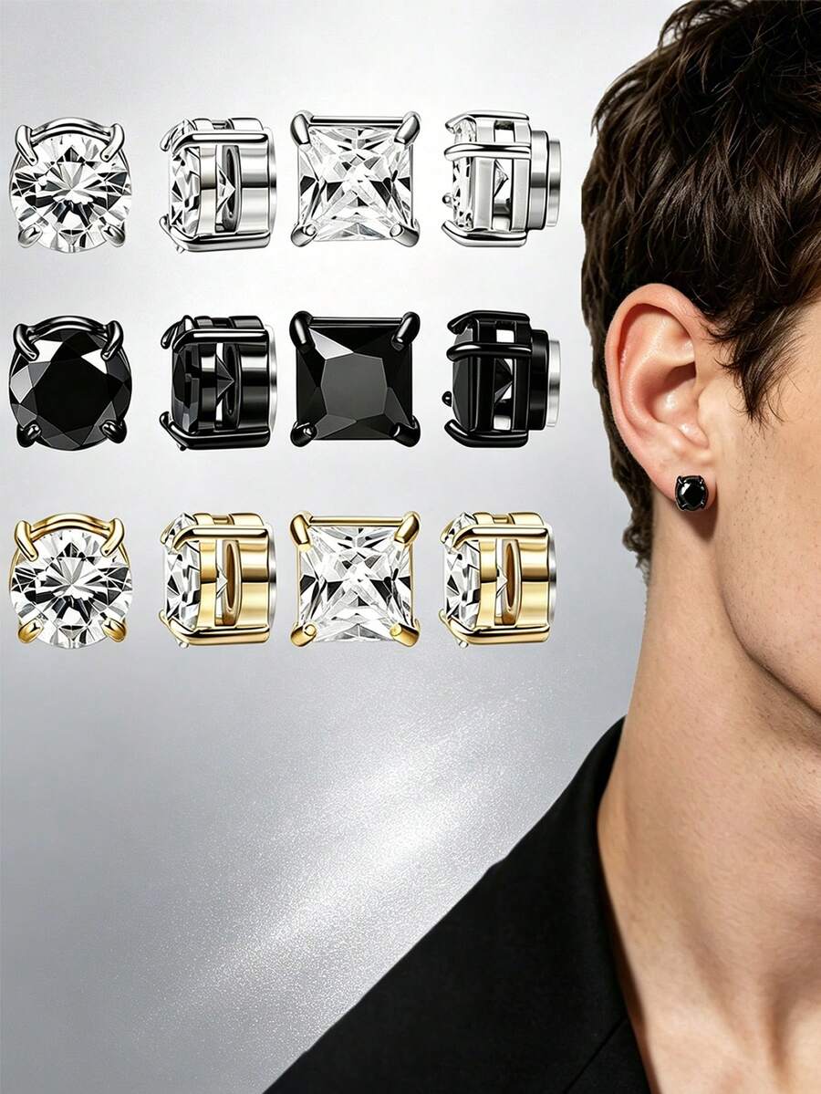 Set 6 Pasang Anting Jepit Magnetik Stainless Steel 304, Anting Tanpa Tindik dengan Batu Zirkonia Kubik Sintetis, Gaya Punk Unisex - set 6 pasang - View 1