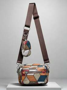 2pcs/Set Embroidered Men's Crossbody Bag Mini Key Pouch PU Leather, Y2k Bag - Brown - View 2