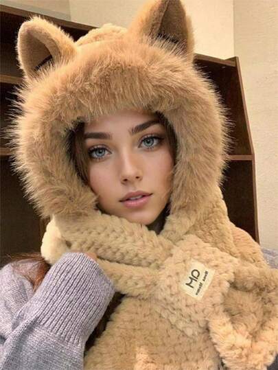 1pc Women Plush Cat Ear Hood Scarf 2‑In‑1 Balaclava,Soft Faux Fur Warm Neck Warmer With Tag Decoration,Cute Daily Outdoor Headwear For Fall Winter