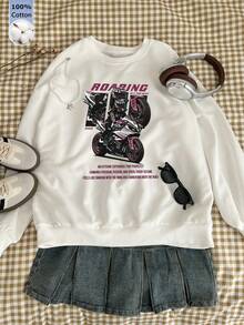 Oversized Women's Sweatshirt For Autumn/Winter, Casual Daily Wear, Long Sleeve Hoodie, Outerwear Top, Y2K, Letter Slogan Graphic, Unisex, Streetwear - White - View 5