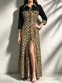 Women's Elegant Solid Color + Leopard Print Patchwork Design Dress - Black - View 2