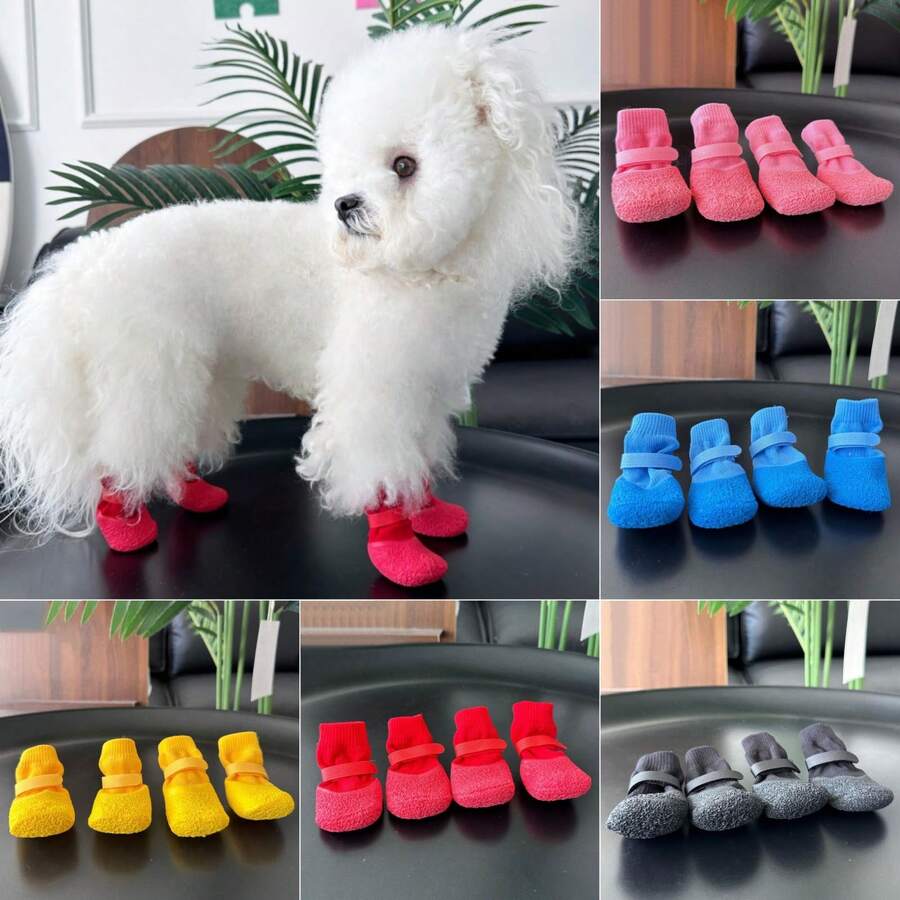 4pcs Waterproof Dog Shoes, Anti-Slip Paw Protector Boots With Soft Sole, Washable & Reusable Pet Booties For Small Dogs & Puppies, Rain, Snow & Hot Pavement - Multicolor - View 1