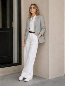 Women's Elegant Solid Color Button-Up Jacket, Long Sleeve Lapel Blazer, Spring/Summer Office & Casual Wear, Machine Washable, Classic Blazer Fall - Light Grey - View 7