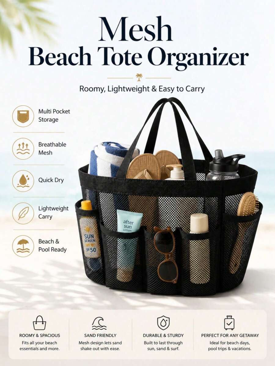 1pc Black Mesh Shower Caddy Bag, Portable Lightweight With Handle, Suitable For Dorm, Gym, Camping, Bathroom And Travel Essentials - Multicolor - View 1
