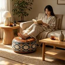 Chinese Lotus Embroidery Round Soft Ottoman, Vintage Faux Leather Padded Floor Stool, Traditional Floral Embroidery Decoration, Multi-Purpose As Extra Seating, Footstool, Coffee Table, Suitable For Living Room, Tea Room And Meditation Space - Multicolor - View 6