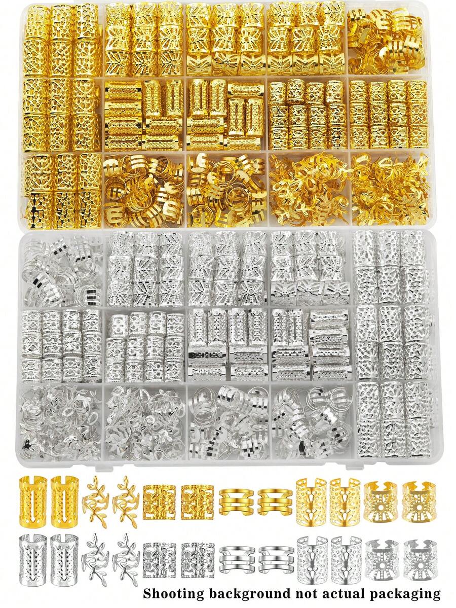 hezoruo 240顆金銀色波希米亞風迷你辮子珠，復古鏤空髮環，合金編髮髮飾（不含盒裝）