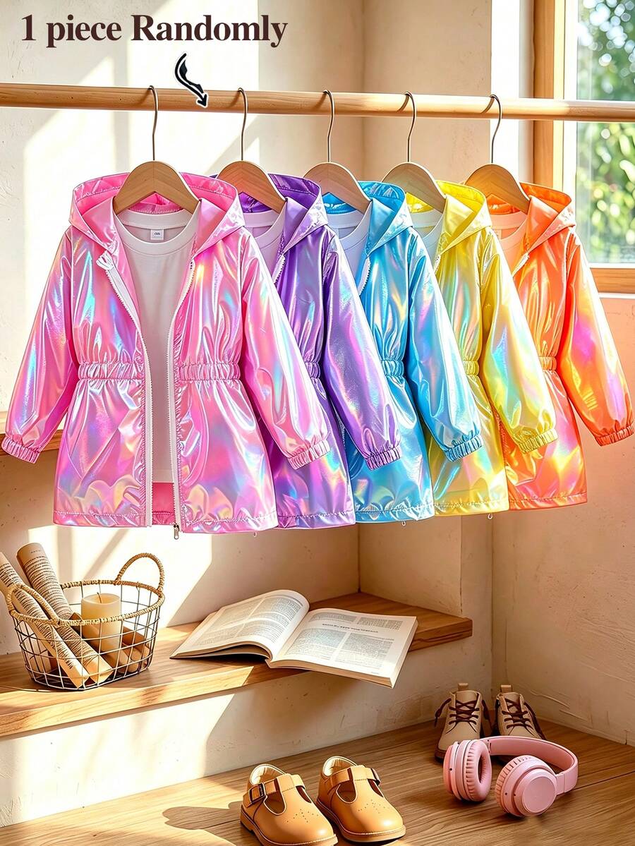 [1 Piece Randomly]Girl's Spring & Summer Laser Windproof Lightweight Jacket, Multi-Functional Cool Mid-Length Zippered Hooded Outdoor Wear - Multicolor - View 1