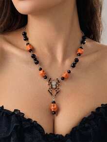 Halloween Spider Pendant Necklace - Retro Orange And Black Bead Collar Chain - Party Decoration For Holiday Events - Multicolor - View 5