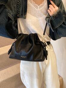 Fashion Solid Color PU Drawstring Bucket Bag, Shoulder Bag, Crossbody Bag, Suitable For Women Shopping, Dating, Gifts And Daily Use - Black - View 5