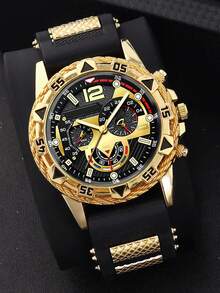 4-Piece Gift Set: Large Dial Silicone Strap Watch + Bullet Necklace + Cuban Style Bracelet + Ring, Boy's Gift - Multicolor - View 4