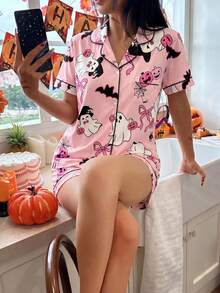 Women's Halloween Cartoon Ghost & Bow Turn Collar Short Sleeve Top And Shorts Pajama Set, Button-Up Casual Loungewear Suitable For All Seasons - Pink - View 4