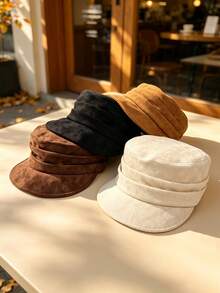 Women Faux Suede Newsboy Cap, Pleated Face-Slimming Hat, Adjustable Maillard Style, Fall Winter Essential - Solid Color Flat Top Newsboy Cap - View 8