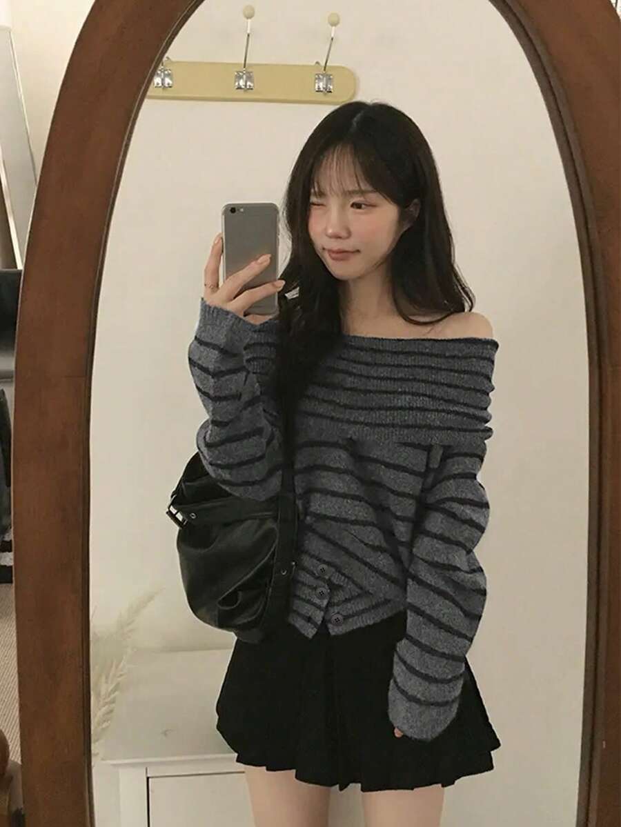 Women's Off-The-Shoulder Sweater, New Autumn/Winter Niche French Design, Soft And Comfortable Pullover Knit Top - Stripe - View 1