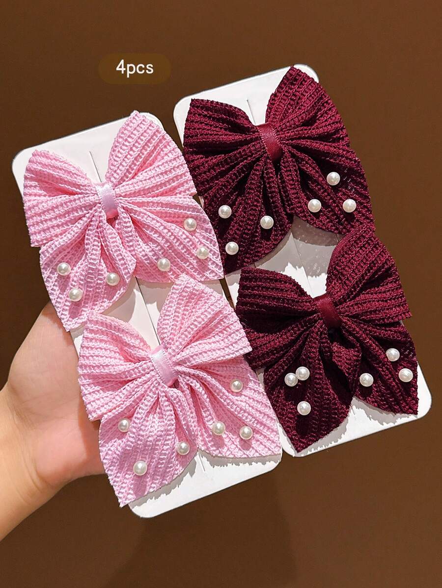 4pcs Red + Light Pink Pearl Bow Hair Clips, Sweet Style Hair Accessories For Daily Wear