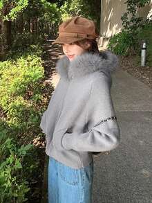 Women's Solid Color Hooded Knit Cardigan Sweater With Detachable Fur Collar, Autumn - Grey - View 6