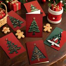 1/6/12 Sets Christmas Tree Greeting Cards, 6 Different Hollow-Out Styles, Christmas Tree, Star, Red Design, Christmas Winter Holiday Gift Cards For Family And Friends - A - View 6