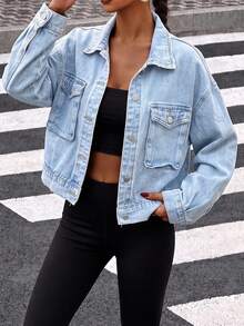 Women's Y2K Distressed Cropped Denim Jacket, Lapel Long Sleeve Aviator Jacket, Vintage Grunge Style - Blue - View 5