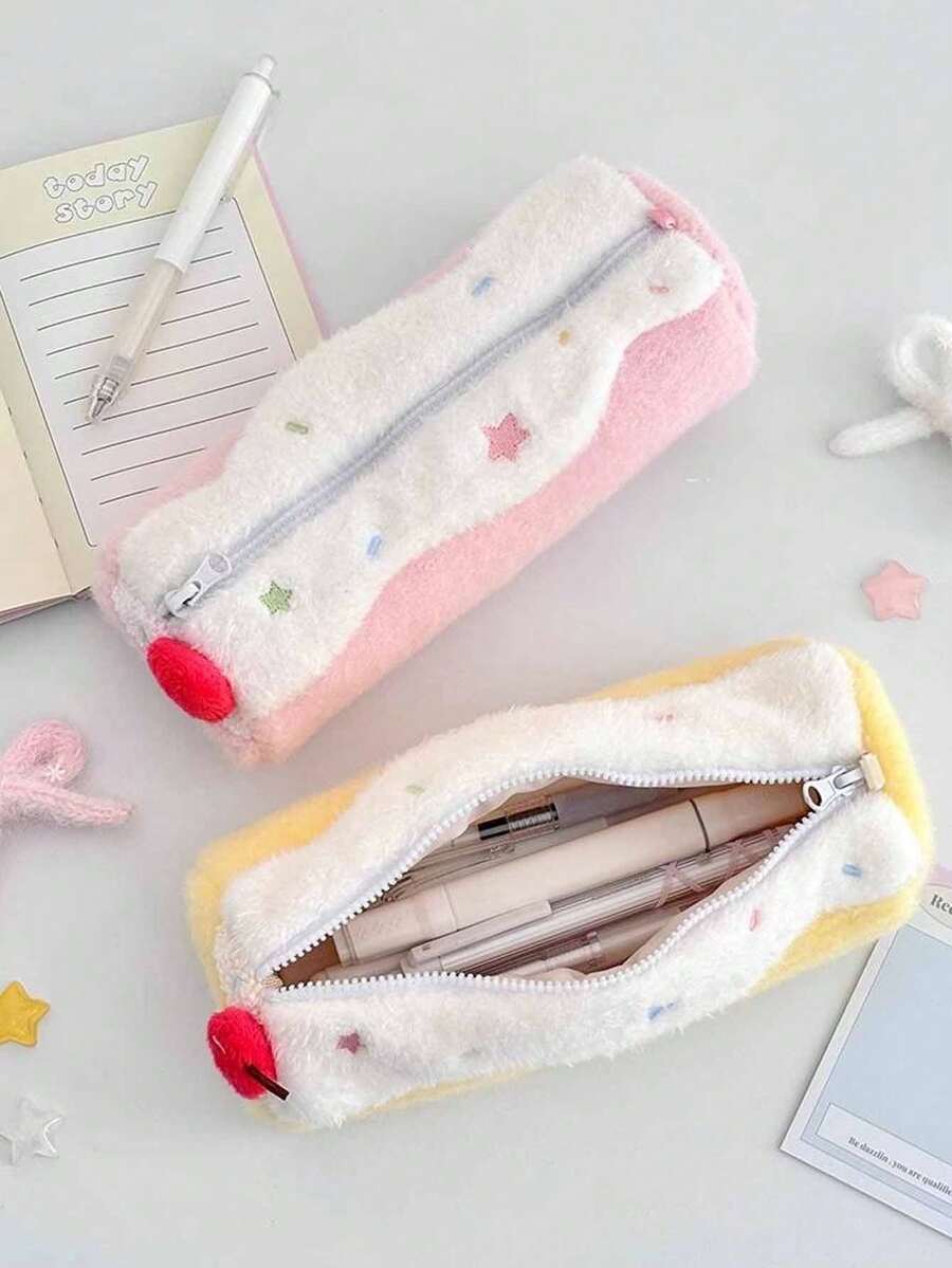 Swiss Roll Shaped Plush Pencil Case, Large Capacity Sweet Style Makeup Bag, Suitable For Daily Study And Office Supplies Storage - Multicolor - View 1