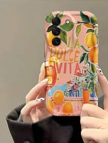 1pc Creamy Wavy Ins Shockproof Anti-Drop Protective Phone Case, Vintage Mediterranean Town Phone Shell Orange Fruit Wine Glass LADOLCEVITA Letter Print Wavy Edge Soft TPU Protective Phone Case, Compatible With Android Devices Anti-Drop Protective Shell Compatible With Samsung, Series Phones - White - View 2