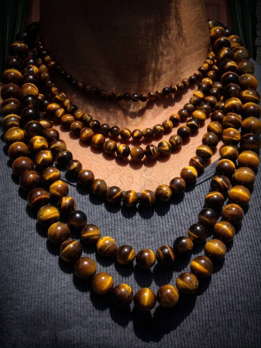 1pc Natural Tiger Eye Bead Necklace - Beaded Necklace For Men & Women, Luck & Confidence Necklace, Natural Stone Jewelry Gift - Yellow - View 1