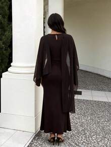 Women's Romantic Elegant Fashion Cape Design Chiffon Asymmetrical Knit Ruched Design For Date Party Vintage Back Water Drop Button Autumn/Winter - Brown - View 3