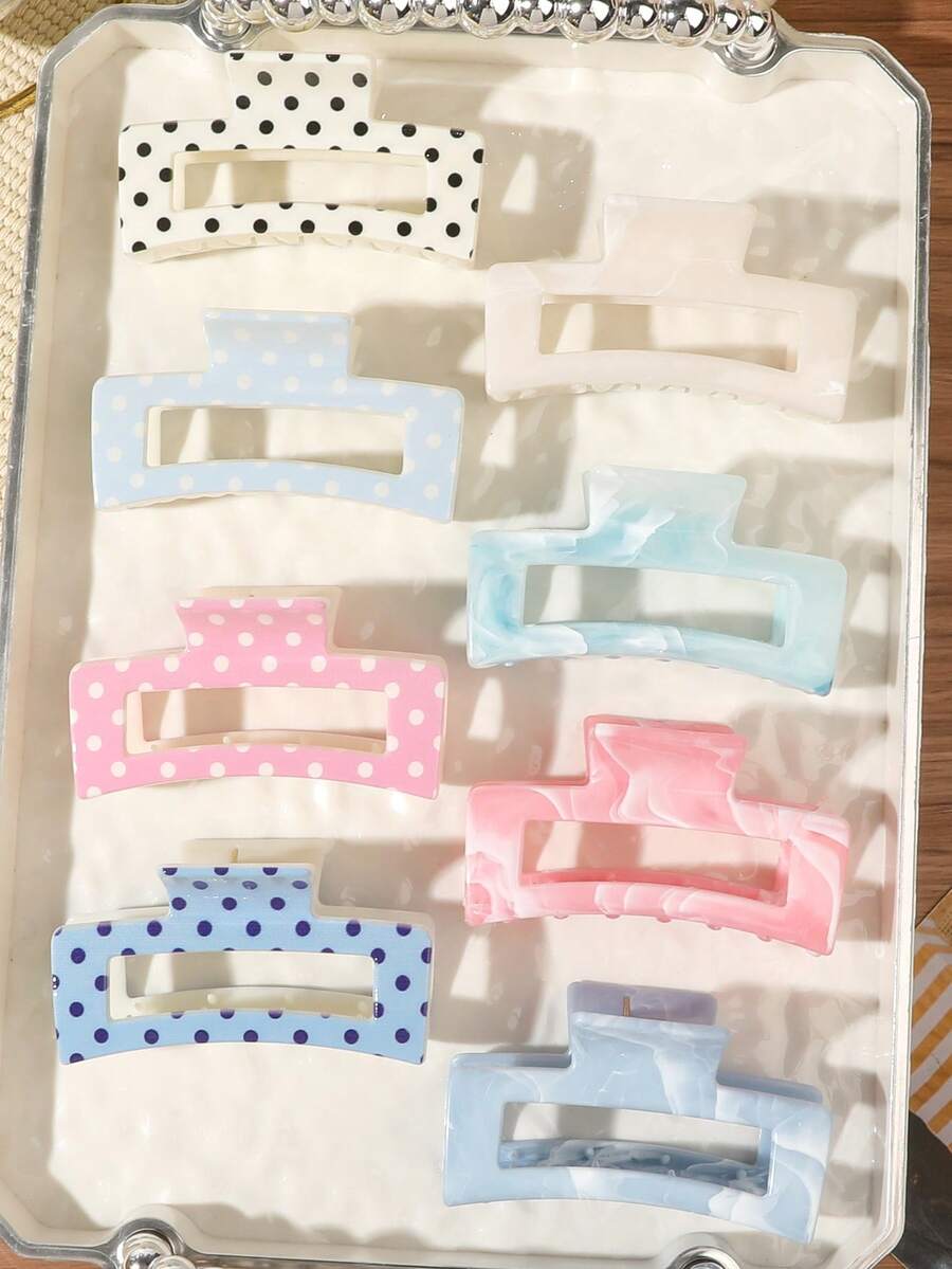 8pcs Bohemian Style Candy Cream Color Polka Dot Print Tie-Dye Marble Pattern Square Hair Claw Clips, Basic Minimalist Korean Style Hair Accessories For Home, Daily Wear And Commute