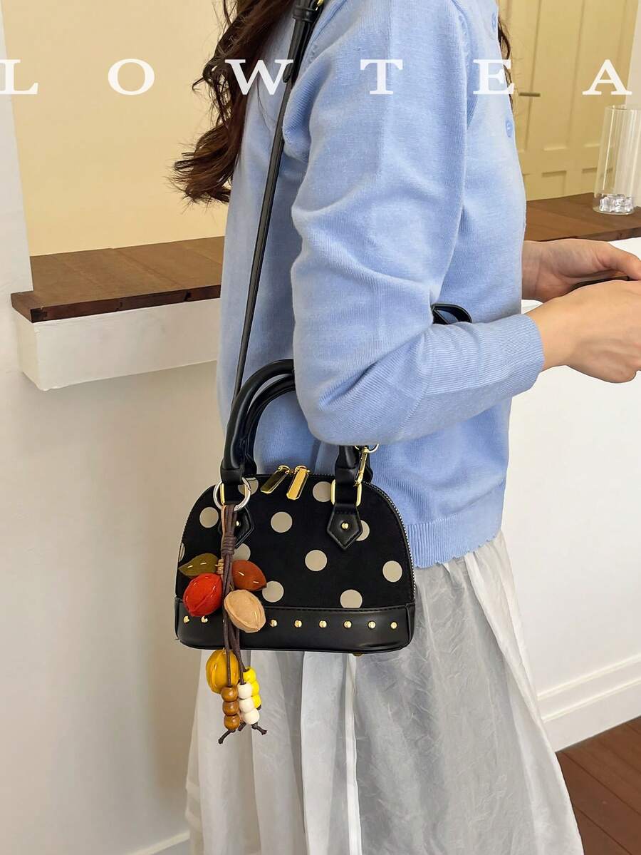 low tea 1pc Shell PU + Suede Fabric Handbag With Adjustable Shoulder Strap, Suitable For Commuting, Shopping And More (With Pendant)
