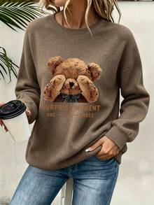 Plus Size Women Surprise Teddy Bear Pattern Casual Crew Neck Pullover Knit Sweater - Earth Gray - View 3