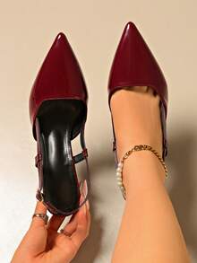 Women's All-Season Solid Color Fashion Sexy Party Pointed Toe Stiletto High Heel Sandals With Back Strap, Burgundy - Burgundy - View 4