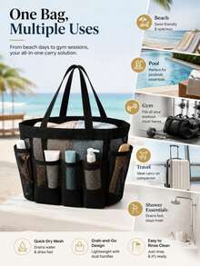 1pc Black Mesh Shower Caddy Bag, Portable Lightweight With Handle, Suitable For Dorm, Gym, Camping, Bathroom And Travel Essentials - Multicolor - View 5