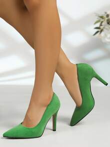 Women's Pointed Toe Stiletto Heel Low Vamp Pumps, Suede Solid Color High Heels, Banquet Commute Formal Shoes, Party Elegant High Heel Pumps - Green - View 4