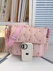 Cute Pink Bow Embroidery Messenger Bag, Quilted Diamond Pattern Crossbody Bag, Large Capacity Student Shoulder Bag - A - View 4