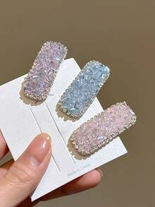 2PCS /3PCS Exquisite Sugar-Coated Rhinestone Side Hair Clips, Rhinestone-Edged Rectangular BB Side Clips, Pink Blue Purple Three Colors, Date Casual Vibe Hair Accessories - Multicolor - View 12