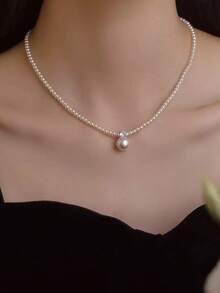 1pc French Style Seed Bead Pearl Pendant Necklace For Women, Elegant Collarbone Chain, Sophisticated Neck Chain - White - View 4