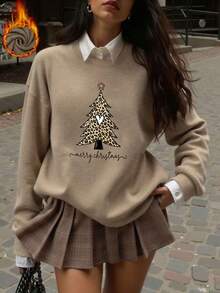Women's Vintage Christmas Tree Print Long-Sleeve Crew-Neck Sweater With Leopard Print Trim – Christmas Winter Top - Earth Gray - View 3
