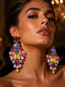 Dazzling Rhinestone Oversized Hoop Earrings For Women, Multicolor Gold Wedding Jewelry - Multicolor - View 6