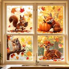 1/4 Sheets Cute Fall Woodland Animals Static Window Clings Raccoon Maple Leaf Reusable Decals For Kids Room Autumn Decor Home Decoration - Multicolor - View 8