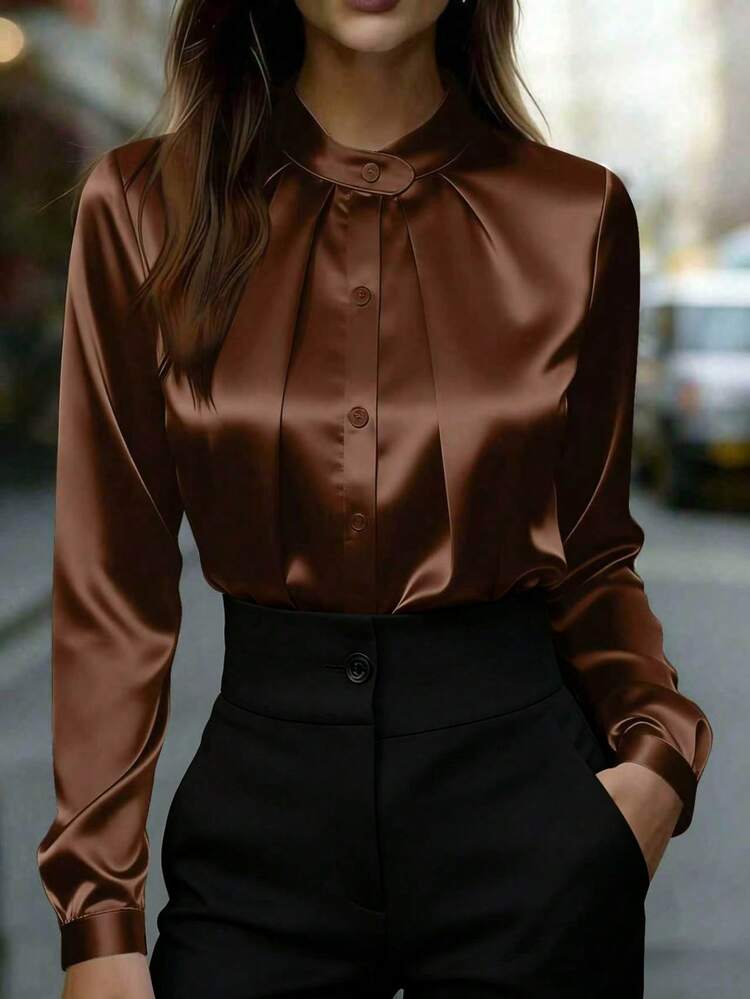 Women's Elegant White Polyester Fiber Blouse Top, Regular Long Sleeve, Shirt Collar Button Detail, Suitable For Office Wear, Non-Stretch Fabric Brown - Brown - View 1