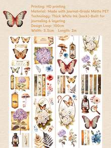 DANKUN 1 Roll 2m/Roll Vintage Floral Butterfly Wide Matte PET Sticker Roll, 1200dpi High Definition Decorative Wide Washi Tape, Suitable For Junk Journal DIY Handmade Collage Stationery Planner Notebook Scrapbook Accessories Stickers, Aesthetic Style - Scrapbook Stickers - View 11