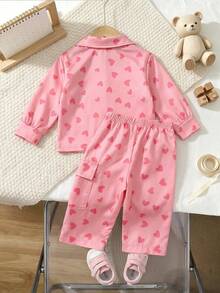 2pcs/Set Baby Girl Casual Sweet Cute Heart Print Collared Long Sleeve Lightweight Jacket And Pants Set, Spring/Autumn/Winter - Pink - View 2